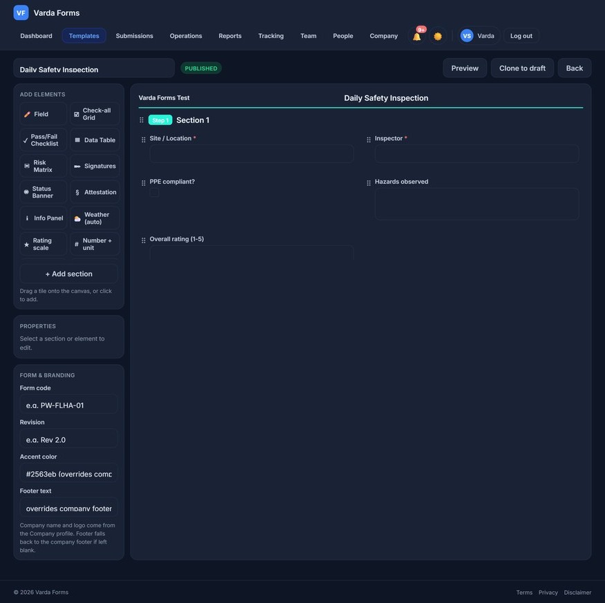 Varda Forms drag-and-drop form builder — element palette (fields, check-all grids, pass/fail checklists, data tables, risk matrices, signatures, photos, GPS) beside a live form canvas with sections, required fields and form branding settings