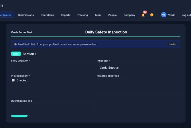 Varda Forms field capture — filling out a Daily Safety Inspection with pre-filled fields, checkboxes, required inputs and a rating scale; the same form works offline on any device and syncs when back in coverage