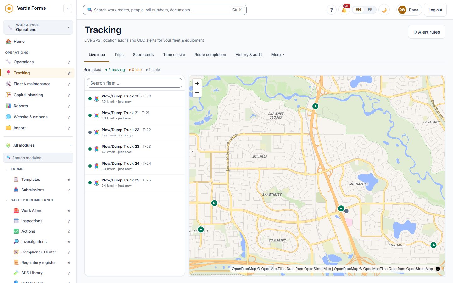 Varda Forms live GPS map: every vehicle with its last position, speed and status