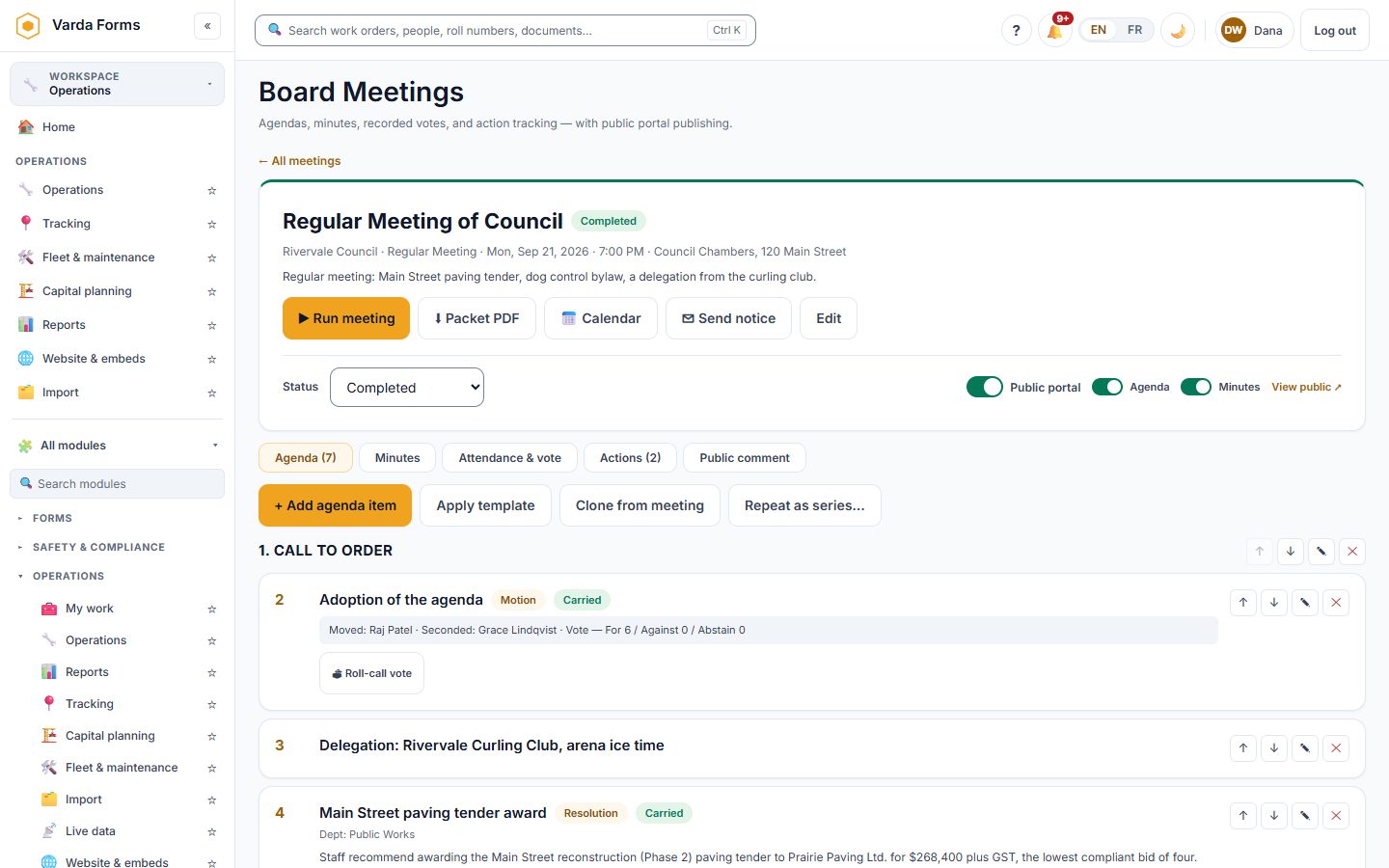 Varda Forms council meeting: the agenda with motions, movers and seconders, recorded votes, and Run meeting, Packet PDF and public portal controls