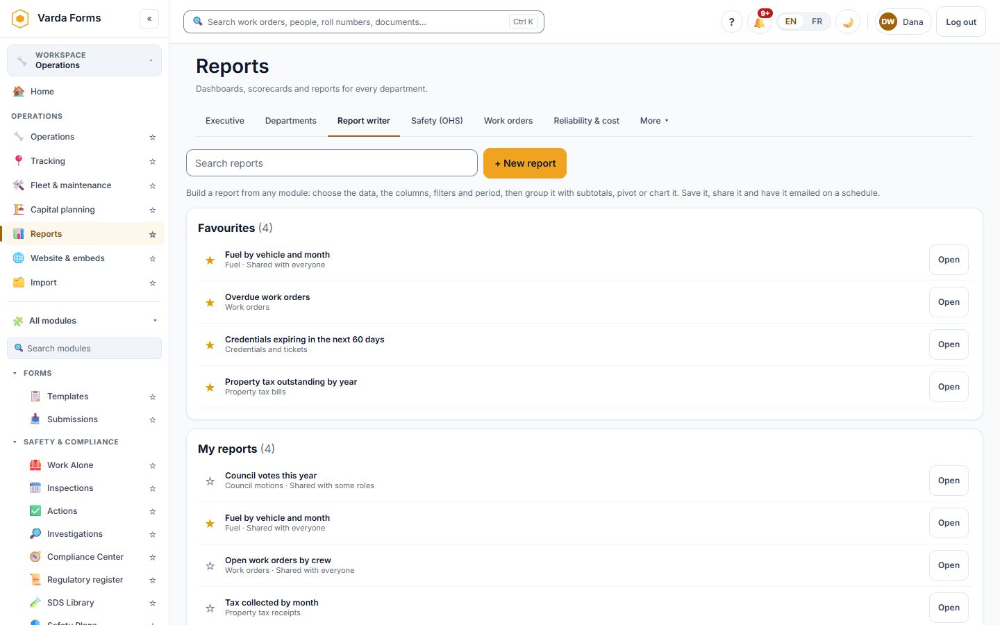 Varda Forms report writer: favourite and shared reports such as fuel by vehicle and month, overdue work orders and expiring credentials