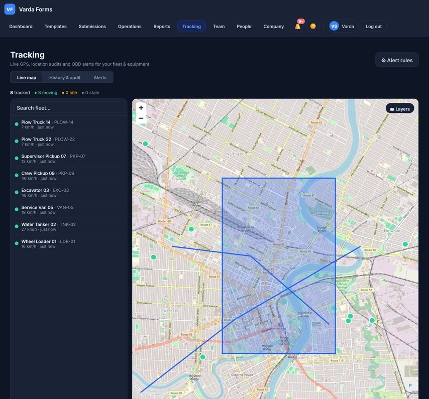 Varda Forms live fleet tracking: a real map with GPS pins for every vehicle, a searchable fleet list showing speed and last-seen time, breadcrumb trails and a GIS overlay of water mains and priority routes